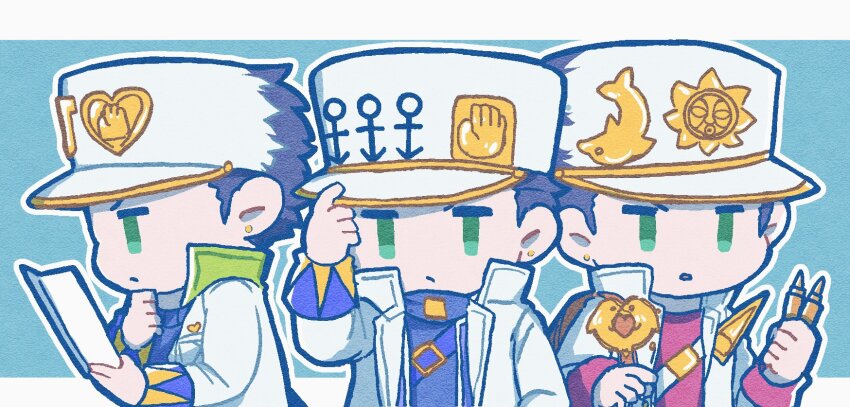 1boy adjusting_clothes adjusting_headwear androgyne_symbol black_hair blue_background blue_shirt bullet chibi chibi_only coat commentary diamond_wa_kudakenai dolphin_ornament earrings green_eyes hand_on_headwear hat heart_ornament high_collar highres holding holding_bullet holding_paper jewelry jojo_no_kimyou_na_bouken kasasagi_(hinagi) kuujou_joutarou long_sleeves male_focus multiple_persona no_nose official_alternate_costume open_clothes open_coat outline paper peaked_cap pink_shirt shirt symbol-only_commentary upper_body white_coat white_hat white_outline