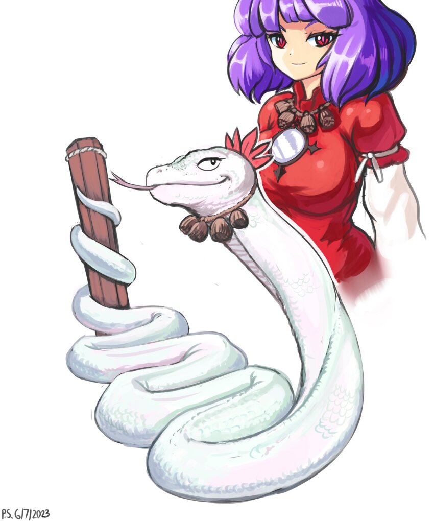 1girl absurdres closed_mouth commentary dated english_commentary highres layered_sleeves long_sleeves mirror onbashira profitshame purple_hair red_eyes short_hair short_over_long_sleeves short_sleeves signature simple_background smile snake touhou white_background white_snake yasaka_kanako yasaka_kanako_(snake)
