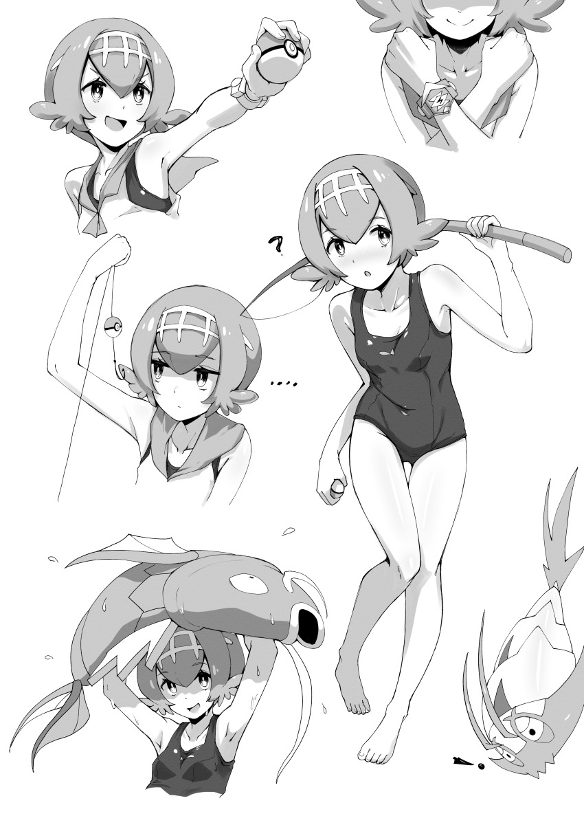 ... 1girl :d :o ? absurdres bracelet breasts bright_pupils commentary crossed_arms fishing_rod gen_1_pokemon gen_7_pokemon greyscale hairband highres holding holding_fishing_rod jewelry lana_(pokemon) magikarp monochrome multiple_views nintendo one-piece_swimsuit open_mouth pokemon pokemon_(creature) pokemon_sm sailor_collar shirt short_hair sleeveless sleeveless_shirt smile swimsuit swimsuit_under_clothes tongue valefal_coneri wimpod z-ring
