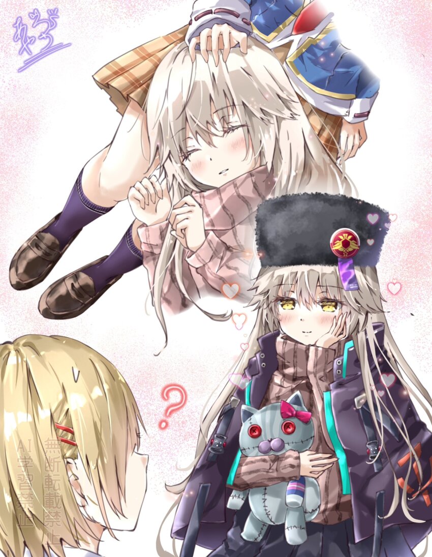 2girls blonde_hair charlotta_skopovskaya fur_hat grey_hair hair_ornament hairclip hat heaven_burns_red highres holding imagining joshik_ank kayamori_ruka lap_pillow long_hair multiple_girls short_hair stuffed_animal stuffed_cat stuffed_toy sweater ushanka yellow_eyes yuri