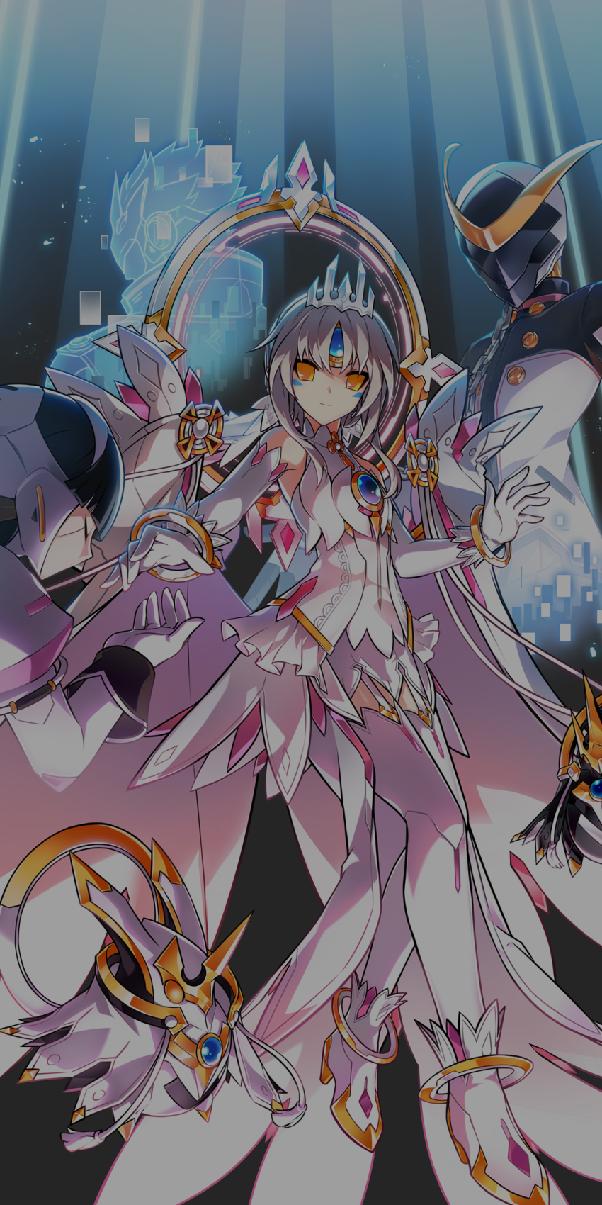 1girl bare_shoulders blue_background blue_gemstone boots bracelet closed_mouth dress elbow_gloves elsword eve_(elsword) expressionless forehead_jewel full_body gem gloves gold_anklet gold_bracelet grey_hair halo halo_behind_head highres hologram hwansang jewelry light_rays long_dress long_hair looking_at_viewer marking_on_cheek official_art outstretched_hand parted_bangs robot second-party_source sleeveless sleeveless_dress solo thighhighs tsurime white_boots white_dress white_gloves white_thighhighs yellow_eyes