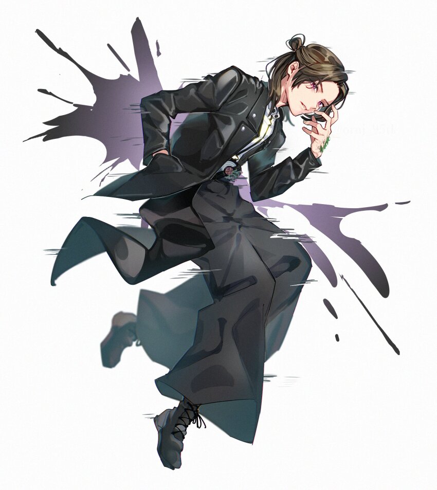 1boy aam09212 animification azuma_michinaga baggy_pants black_footwear black_pants boots commentary_request cowboy_shot desire_driver distortion rider_belt highres id_core jamato_buckle kamen_rider kamen_rider_geats_(series) long_jacket looking_at_viewer official_alternate_costume official_alternate_hairstyle pants plant ponytail rider_belt short_ponytail splatter white_background
