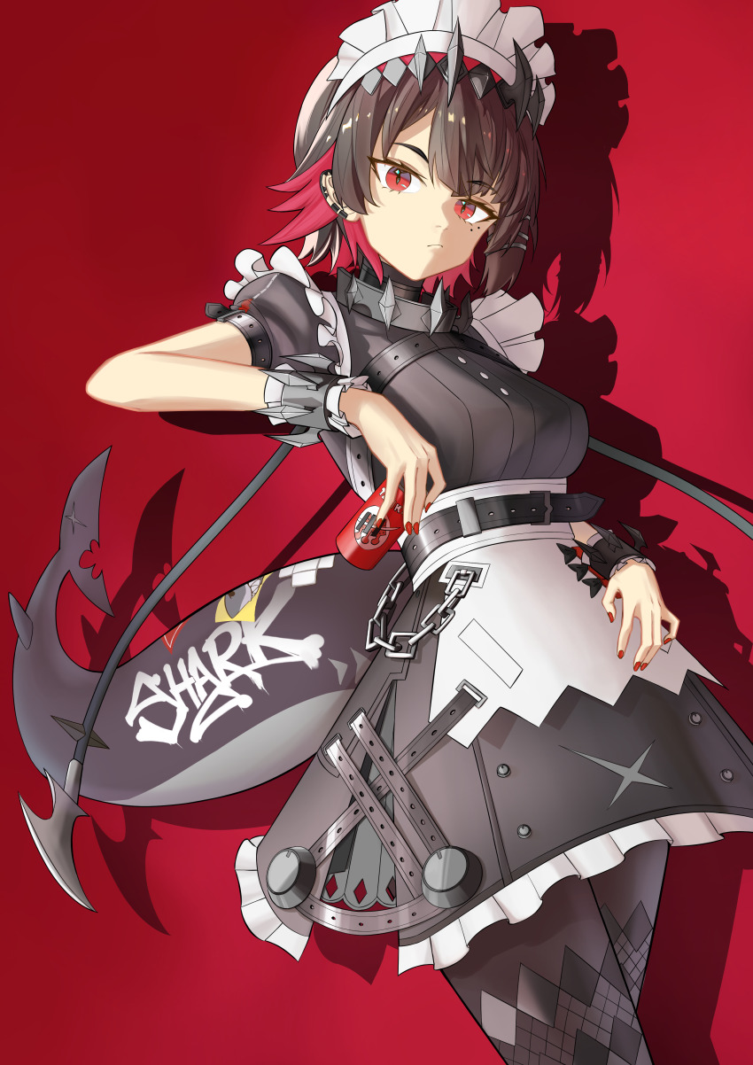 1girl absurdres apron black_dress black_hair black_pantyhose bottle bracelet closed_mouth colored_inner_hair commentary_request dress ear_piercing ellen_joe eye_piercing fins fish_tail highres holding holding_bottle jewelry maid maid_apron maid_headdress medium_hair multicolored_hair pantyhose piercing red_background red_eyes red_hair red_nails shark_girl shark_tail short_sleeves simple_background solo somesalts standing tail waist_apron white_apron zenless_zone_zero