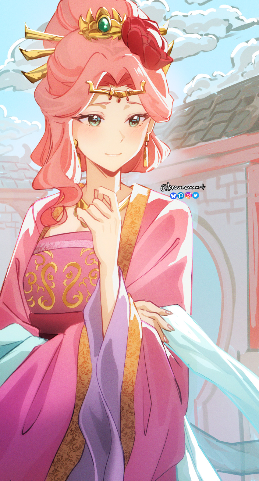 1girl absurdres architecture chinese_clothes closed_mouth commentary_request cowboy_shot day earrings east_asian_architecture fingernails flower green_eyes gyokuyou_(kusuriya_no_hitorigoto) hair_flower hair_ornament hand_on_own_arm hand_up hanfu highres jewelry knowname kusuriya_no_hitorigoto light_smile long_fingernails long_hair long_sleeves looking_at_viewer outdoors partial_commentary pink_hair pink_hanfu solo twitter_username wide_sleeves