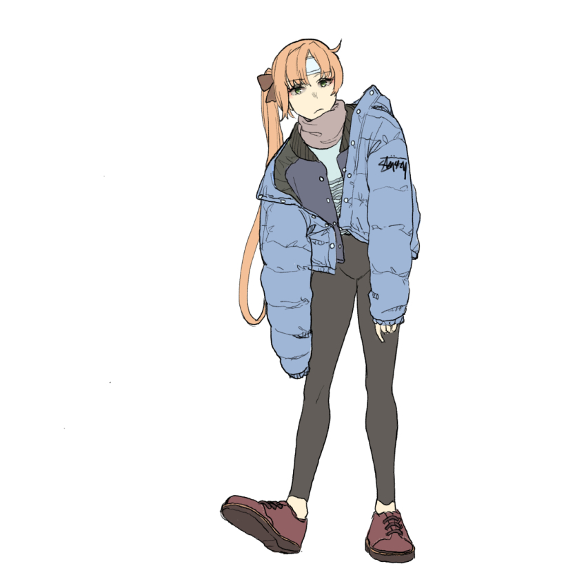 1girl akigumo_(kancolle) alternate_costume arms_at_sides black_leggings blue_jacket blue_shirt closed_mouth cold_pack commentary_request down_jacket frown full_body green_eyes jacket kantai_collection ken_sogen layered_clothes leggings long_hair looking_at_viewer neck_warmer off_shoulder open_clothes open_jacket orange_hair oxfords ponytail red_footwear shirt simple_background single_sleeve_past_fingers solo standing toes_up white_background