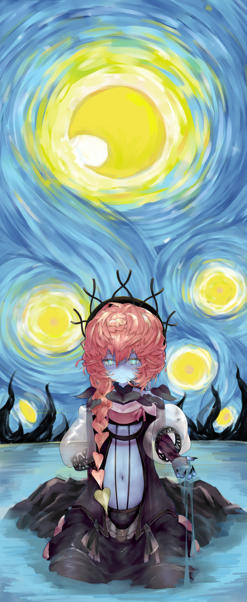1girl absurdres arm_behind_back black_dress black_hat blue_eyes blue_skin braid colored_skin crown_braid dress fate/grand_order fate_(series) flat_chest glowing glowing_eyes hat highres kneeling liquid navel orange_hair side_braid smile solo starry_night_(van_gogh) stomach sun van_gogh_(fate) van_gogh_(second_ascension)_(fate)