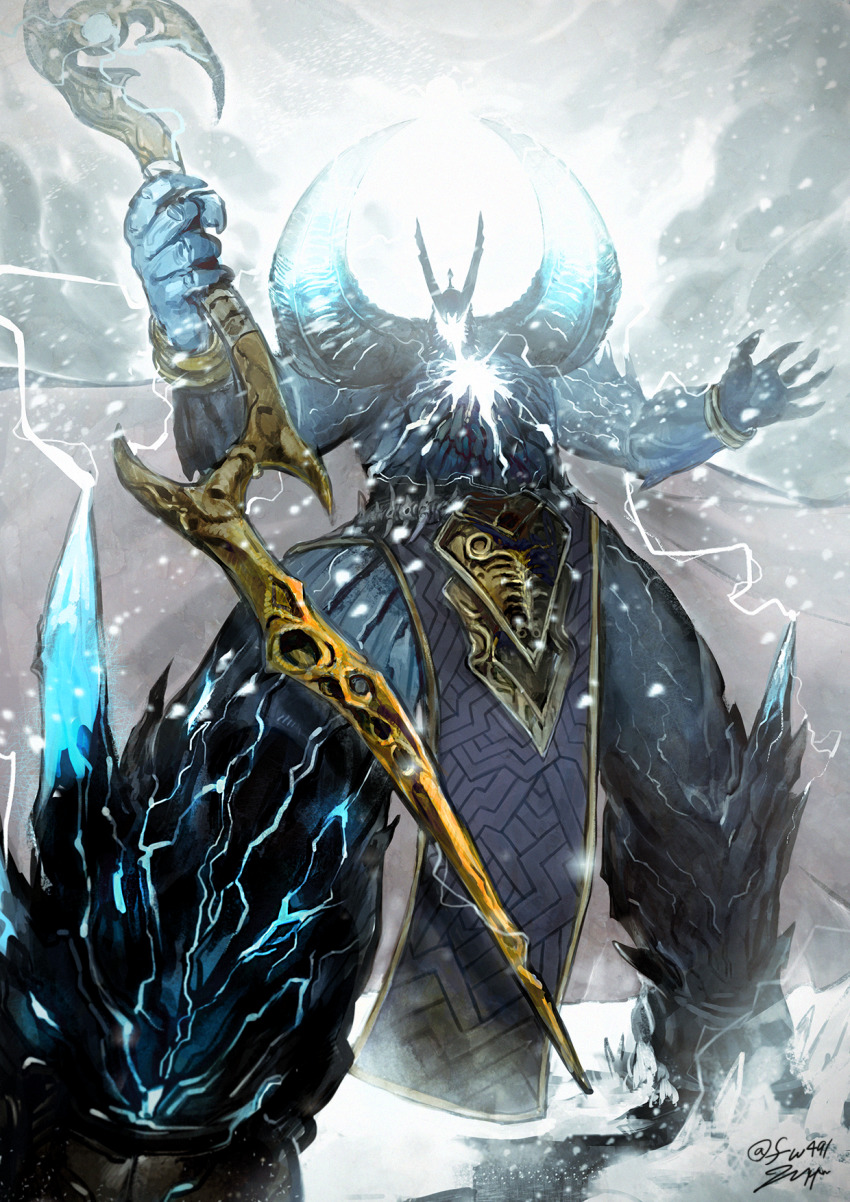1boy cloud cloudy_sky crown faceless fate/grand_order fate_(series) giant giant_male highres ivan_the_terrible_(fate) lightning male_focus pelvic_curtain scepter sky snow solo standing tusks