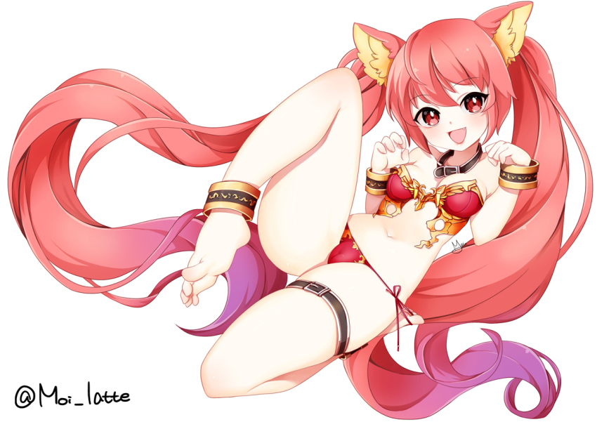 10s 1girl :d animal_ears ankle_garter belt cerberus_(shingeki_no_bahamut) collar dog_ears female_focus gradient_hair long_hair looking_at_viewer moi_(latte_art) multicolored_hair open_mouth pink_hair purple_hair red_eyes ribbon shingeki_no_bahamut simple_background smile solo twintails twitter_username very_long_hair white_background