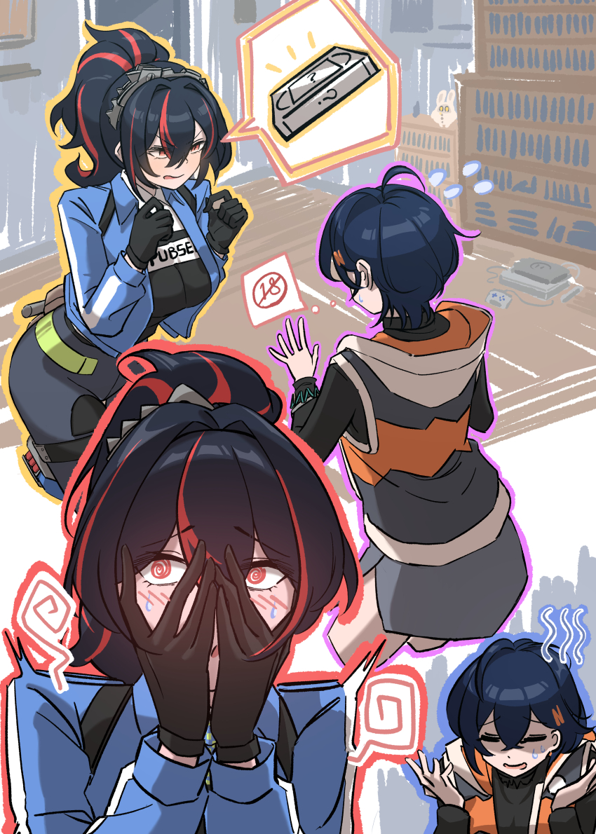 2girls @_@ absurdres balang_tokki belle_(zenless_zone_zero) black_gloves black_hair black_pants black_shirt blue_hair blue_jacket blue_outline covering_face embarrassed flying_sweatdrops gloves hair_ornament high-waist_pants highres jacket letter_hair_ornament metal_hairband multicolored_hair multiple_girls outline pants police police_uniform policewoman ponytail purple_outline red_eyes red_hair red_outline shirt short_hair sleeveless sleeveless_jacket spoken_object streaked_hair sweatdrop yellow_outline zenless_zone_zero zhu_yuan
