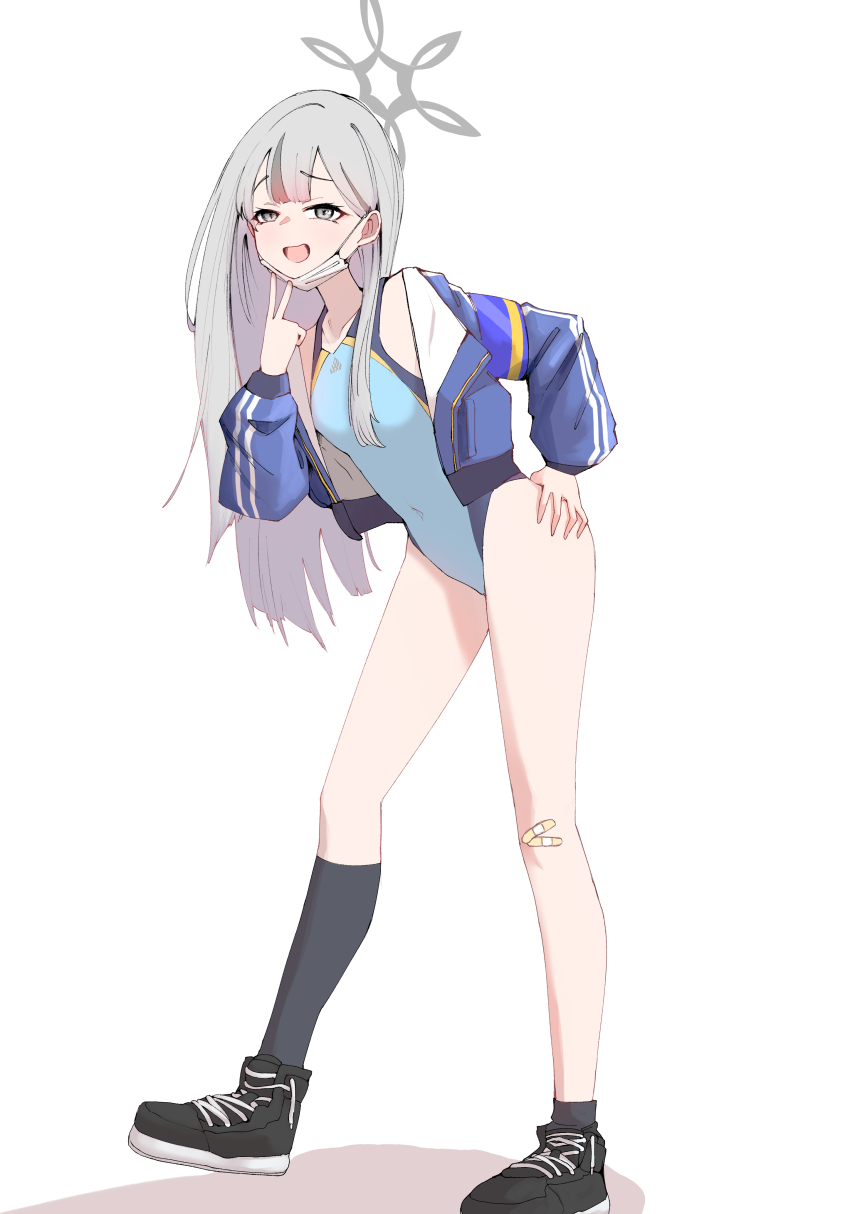 1girl absurdres armband asymmetrical_legwear black_shoes black_socks blue_archive blue_jacket blue_one-piece_swimsuit commission competition_swimsuit full_body grey_eyes grey_hair grey_halo halo highleg highleg_one-piece_swimsuit highres jacket kneehighs konoka_(blue_archive) long_hair mask mask_pull mouth_mask one-piece_swimsuit open_clothes open_jacket pixiv_commission purple_armband shoes simple_background single_kneehigh single_sock socks solo surgical_mask swimsuit tehau_(sup_calon) uneven_legwear white_background