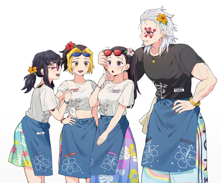 1boy 3girls absurdres black_hair black_shirt blonde_hair blue-framed_eyewear breasts closed_eyes crop_top earrings eyewear_on_head facial_mark forehead glasses highres hinatsuru_(kimetsu_no_yaiba) husband_and_wives jewelry kimetsu_no_yaiba long_hair makio_(kimetsu_no_yaiba) medium_breasts midriff multicolored_hair multiple_girls navel necklace open_mouth ponytail purple_eyes red-framed_eyewear red_eyes shimya shirt smile suma_(kimetsu_no_yaiba) t-shirt tongue uzui_tengen white_background white_hair white_shirt yellow_eyes