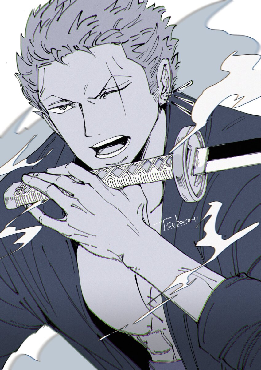 1boy commentary earrings highres holding holding_sword holding_weapon japanese_clothes jewelry kimono looking_ahead male_focus one_eye_closed one_piece open_mouth roronoa_zoro scar scar_across_eye scar_on_face short_hair sideburns signature smoke solo stitched_torso stitches sword tsubasa_1chi upper_body v-shaped_eyebrows weapon