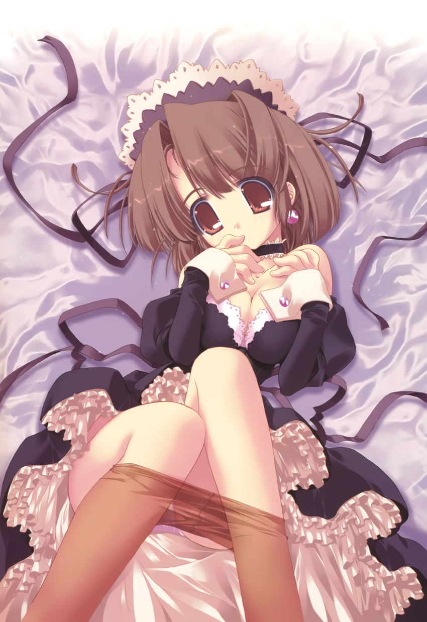 1girl absurdres bed breasts brown_eyes brown_hair choker cleavage clothes_pull dress earrings female_focus highres jewelry lingerie maid maid_headdress medium_breasts oono_tetsuya panties pantyhose pantyhose_pull petticoat ribbon satin solo underwear