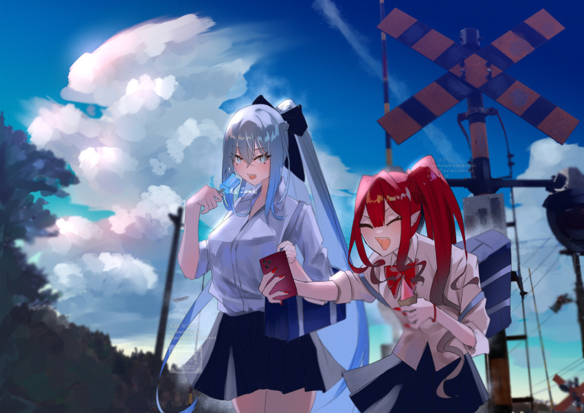 2girls bag baobhan_sith_(fate) black_skirt blue_eyes blue_sky blush bow closed_eyes cloud cloudy_sky eating fate/grand_order fate_(series) food hair_ribbon highres holding holding_phone morgan_le_fay_(chaldea_satellite_station)_(fate) morgan_le_fay_(fate) mother_and_daughter multiple_girls nail_polish office_lady open_mouth outdoors phone pink_hair pointy_ears ponytail popsicle railroad_crossing red_bow red_nails ribbon school_uniform shirt shoulder_bag sidelocks skirt sky sleeves_rolled_up smile white_hair white_shirt zumiki