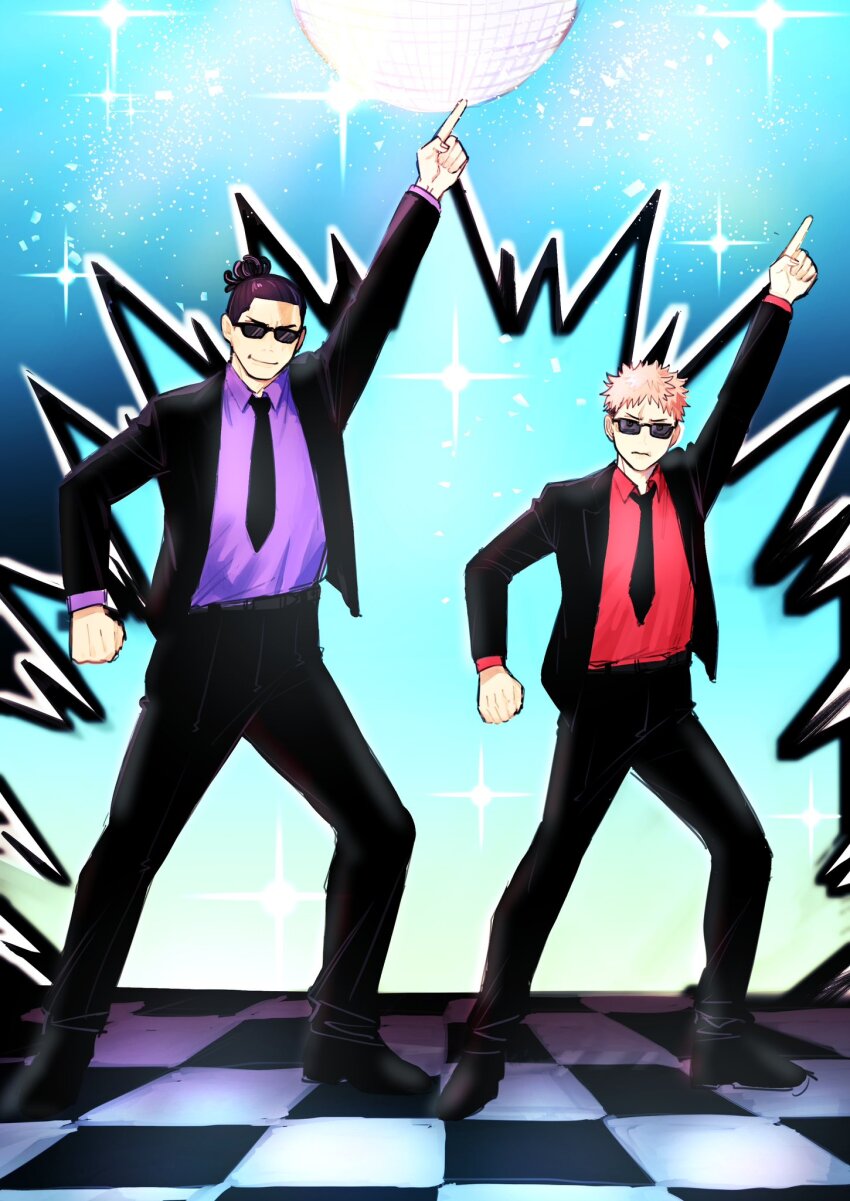 2boys alternate_costume arm_up black_hair black_necktie dance_floor dancing disco disco_ball formal_clothes highres itadori_yuuji jujutsu_kaisen male_focus multiple_boys necktie scar scar_across_eye scar_on_face shirokichi417 short_hair side-by-side sideburns smile standing suit sunglasses toudou_aoi_(jujutsu_kaisen)