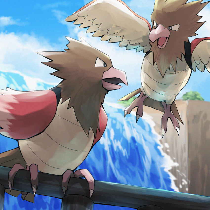 absurdres animal_focus bird black_eyes bright_pupils cloud commentary_request day flying gen_1_pokemon highres nintendo no_humans open_mouth outdoors pokemon pokemon_(creature) sky spearow spicyichizo water waterfall white_pupils
