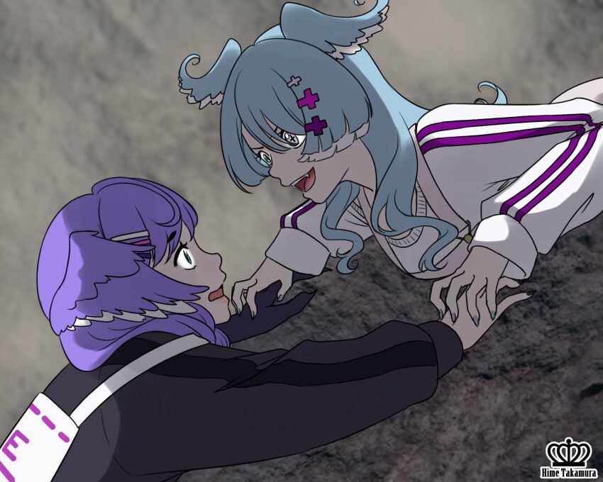 2girls asymmetrical_arms asymmetrical_gloves betrayal blue_eyes blue_hair blue_nails braid dragon_girl elira_pendora fang gloves hair_ornament hair_over_one_eye hairclip head_wings heterochromia highres hime_takamura holding holding_microphone long_hair low_twin_braids microphone multicolored_hair multiple_girls nijisanji nijisanji_en open_mouth outstretched_hand overalls parody pointy_ears purple_eyes purple_hair scene_reference selen_tatsuki shirt skin_fang sleeveless sleeveless_shirt slit_pupils smile suspenders sweat sweater the_lion_king twin_braids virtual_youtuber white_hair white_sweater wings x_hair_ornament