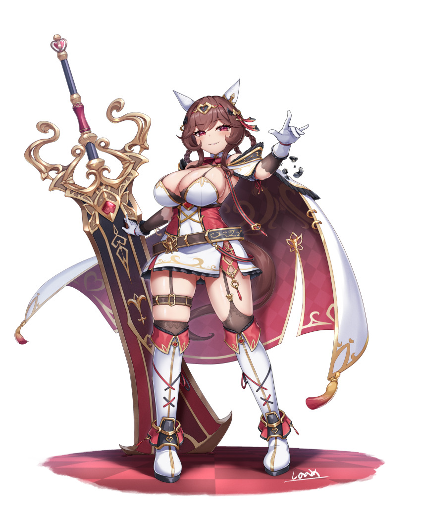 absurdres alternate_costume animal_ears armor belt blush breasts brown_hair commentary_request full_body gentildonna_(umamusume) gloves hair_between_eyes hair_ornament hair_rings highres horse_ears horse_girl knight large_breasts looking_at_viewer navel shinonome_(shinonome_rynn) simple_background smile standing sword umamusume weapon white_background