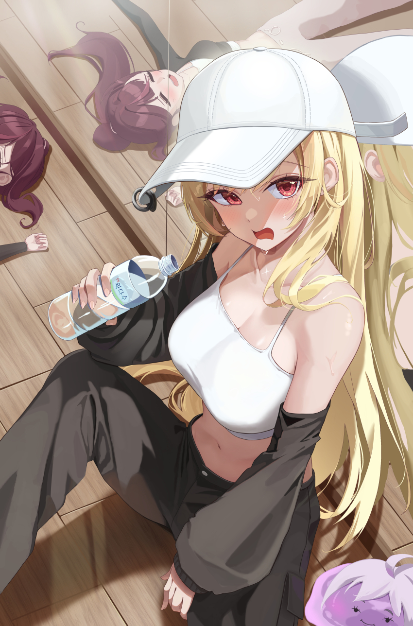 2girls absurdres baseball_cap blonde_hair camisole hat highres jingburger long_hair mirror multiple_girls navel purple_hair red_eyes reflection su2ro sweat virtual_youtuber waktaverse water white_camisole white_hat
