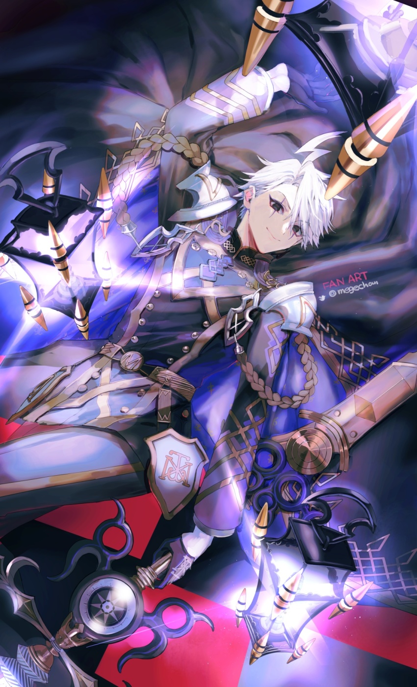1boy aged_down ahoge armor black_eyes black_gloves closed_mouth curtained_hair facial_mark fate/grand_order fate_(series) feet_out_of_frame gloves gold_trim grey_hair high_collar highres holding holding_scissors holding_weapon james_moriarty_(archer)_(fate) james_moriarty_(ruler)_(fate) lamp long_sleeves looking_at_viewer male_focus mege_(megechan) official_alternate_costume pants scissors shirt short_hair shoulder_armor smile solo twitter_username weapon