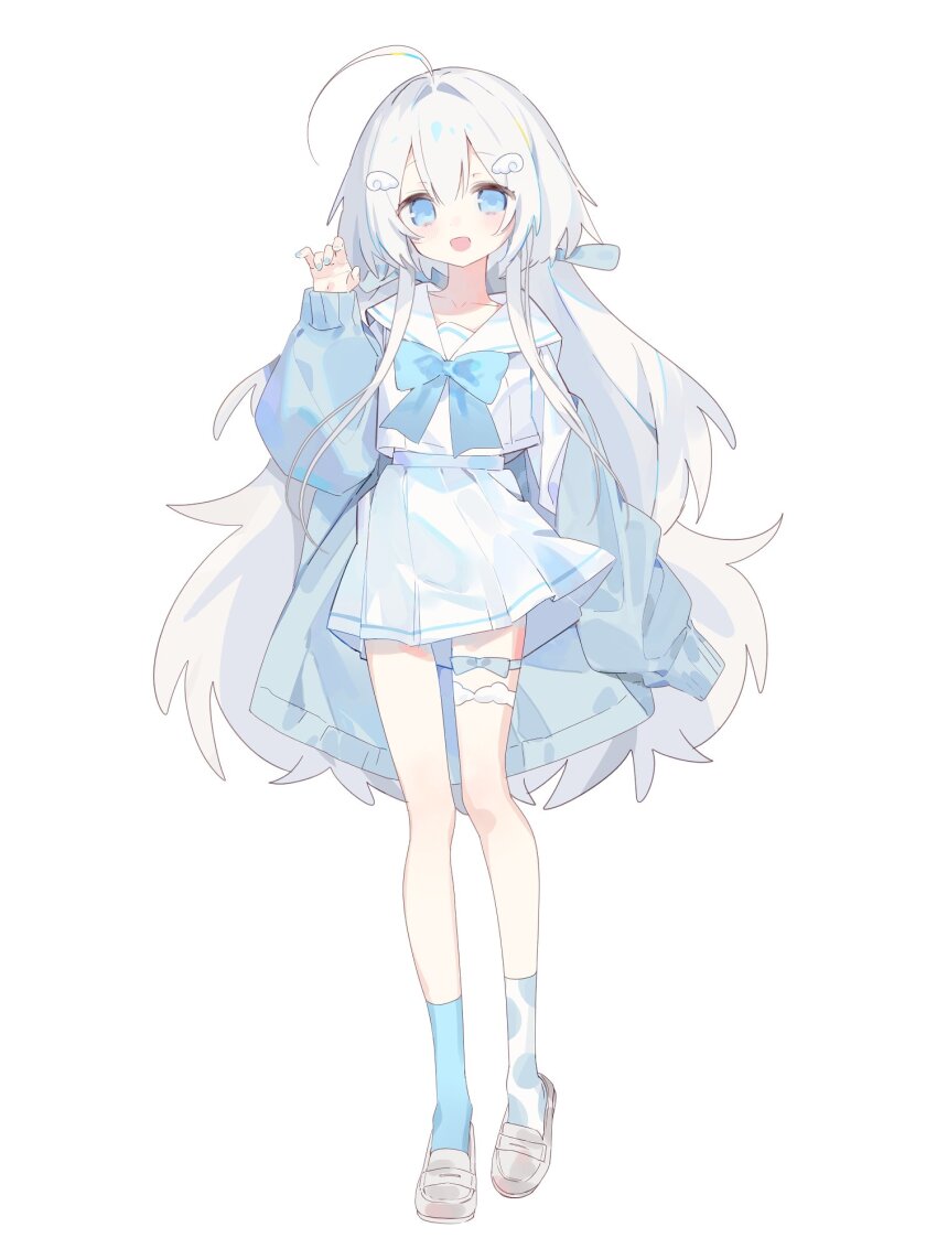 1girl asphyxia17 blue_eyes full_body hair_between_eyes highres long_hair long_sleeves open_clothes open_mouth original pleated_skirt puffy_long_sleeves puffy_sleeves sailor_collar school_uniform serafuku shirt simple_background skirt sleeves_past_wrists socks solo very_long_hair white_background white_hair white_shirt