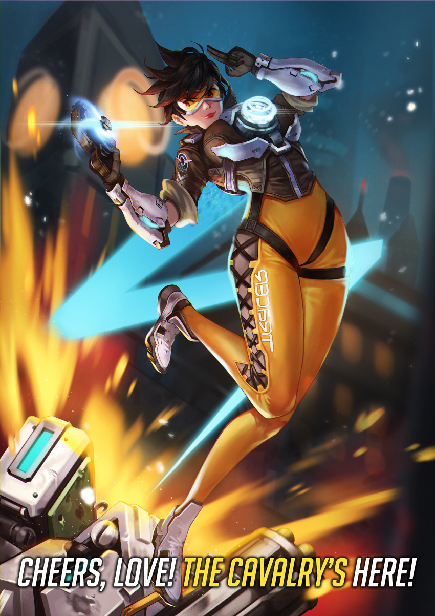 1girl absurdres bastion_(overwatch) bodysuit bomber_jacket breasts brown_eyes brown_gloves brown_hair brown_jacket building chest_harness clock clock_tower closed_mouth clothes_writing cross-laced_clothes cross-laced_legwear english_text explosion female_focus fur_trim gatling_gun gloves goggles gun handgun hands_up harness highres holding holding_gun holding_weapon jacket leather leather_jacket leg_up mecha medium_breasts midair military_rank_insignia minigun night night_sky nose orange_bodysuit overwatch overwatch_1 pink_lips qsun robot salute shards shoes short_hair short_sleeves sky skyscraper sleeves_rolled_up smile solo spiked_hair strap swept_bangs thigh_strap tower tracer_(overwatch) two-finger_salute vambraces weapon white_shoes yellow_bodysuit