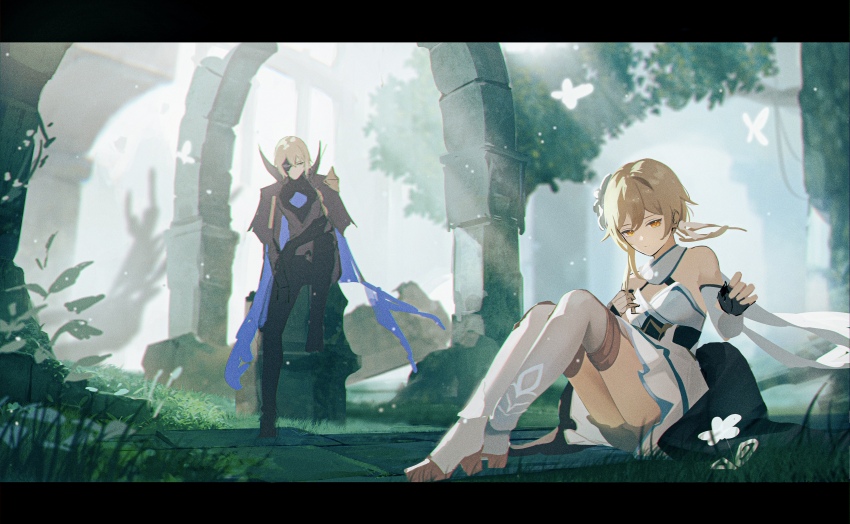 1boy 1girl absurdres anna_(drw01) arch arm_armor bare_shoulders black_cape black_mask blonde_hair blue_cape bug butterfly cape collared_cape commentary_request dainsleif_(genshin_impact) detached_sleeves dress eye_mask fingerless_gloves flower genshin_impact gloves grass hair_between_eyes hair_flower hair_ornament half_eye_mask half_mask high_collar high_heels highres insect letterboxed lumine_(genshin_impact) mask mask_over_one_eye romper scarf short_hair_with_long_locks sidelocks sitting standing thighhighs two-sided_cape two-sided_fabric white_butterfly white_dress white_flower white_romper white_scarf yellow_eyes