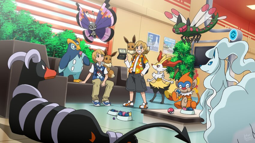 2boys absurdres alolan_form alolan_ninetales berry_(pokemon) braixen brothers child cody_martin commission creature creature_on_shoulder crossover eating eevee floral_print_shirt gen_1_pokemon gen_2_pokemon gen_4_pokemon gen_6_pokemon gen_7_pokemon green_eyes grey_shorts grin hand_in_pocket highres holding houndoom indoors looking_at_another lukas_thadeu monferno multiple_boys nintendo on_shoulder orange_shirt pants poke_ball pokemon pokemon_(creature) prinplup shirt shoes shorts siblings sitting smile sneakers standing the_suite_life_of_zack_and_cody twins vivillon vivillon_(elegant) white_shirt yanmega zack_martin