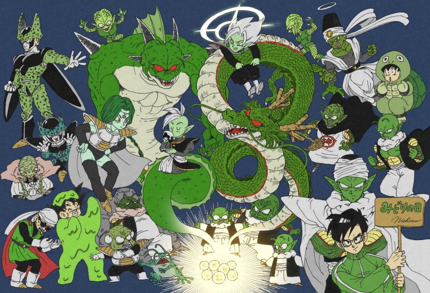 10s 6+boys :o annoyed antennae armor babidi blue_background braid cape cell_(dragon_ball) cell_junior color_connection commentary_request costume cup dende dragon dragon_ball dragon_ball_(classic) dragon_ball_(object) dragon_ball_super dragonball_z drinking dual_persona earrings father_and_son floating_hair frog frown full_body fused_zamasu glasses gloves glowing great_saiyaman green_theme grey_hair grin guldo halo happy highres holding jewelry kami-sama_(dragon_ball) looking_at_viewer looking_away male_focus multiple_boys nail_(dragon_ball) nervous outstretched_arms perfect_cell piccolo pikkon pointy_ears porunga potara_earrings saibaiman saichoro saucer seiza shaking shenron_(dragon_ball) sign simple_background sitting smile son_gohan son_goku sportswear standing sweatdrop tea teacup trait_connection translation_request turban turtle_costume zamasu zarbon