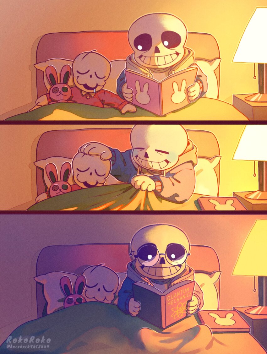 2boys artist_name blue_jacket book brothers closed_eyes glasses highres holding holding_book hood hood_down hooded_jacket jacket korokor59513559 looking_at_another lying male_focus multiple_boys on_back open_book open_clothes open_jacket papyrus_(undertale) pillow reading red_shirt sans_(undertale) shirt siblings skeleton sleeping smile stuffed_animal stuffed_rabbit stuffed_toy teeth twitter_username undertale white_shirt
