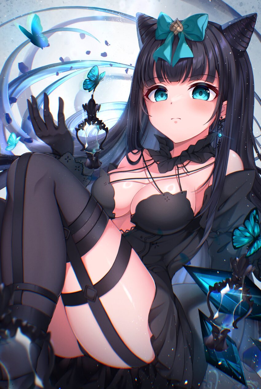 1girl animal arcaea bare_shoulders black_dress black_gloves black_hair blue_butterfly blue_eyes blunt_bangs blush bow breasts bug butterfly butterfly_hair_ornament butterfly_wings cleavage closed_mouth collarbone dress earrings elbow_gloves feet_out_of_frame garter_straps gloves hair_ornament highres insect insect_wings jewelry knees_up large_breasts long_hair long_sleeves looking_at_viewer medium_breasts sen_chan_(akane1023) sitting solo squiggle tairitsu_(arcaea) tairitsu_(tempest)_(arcaea) thighhighs thighs wings