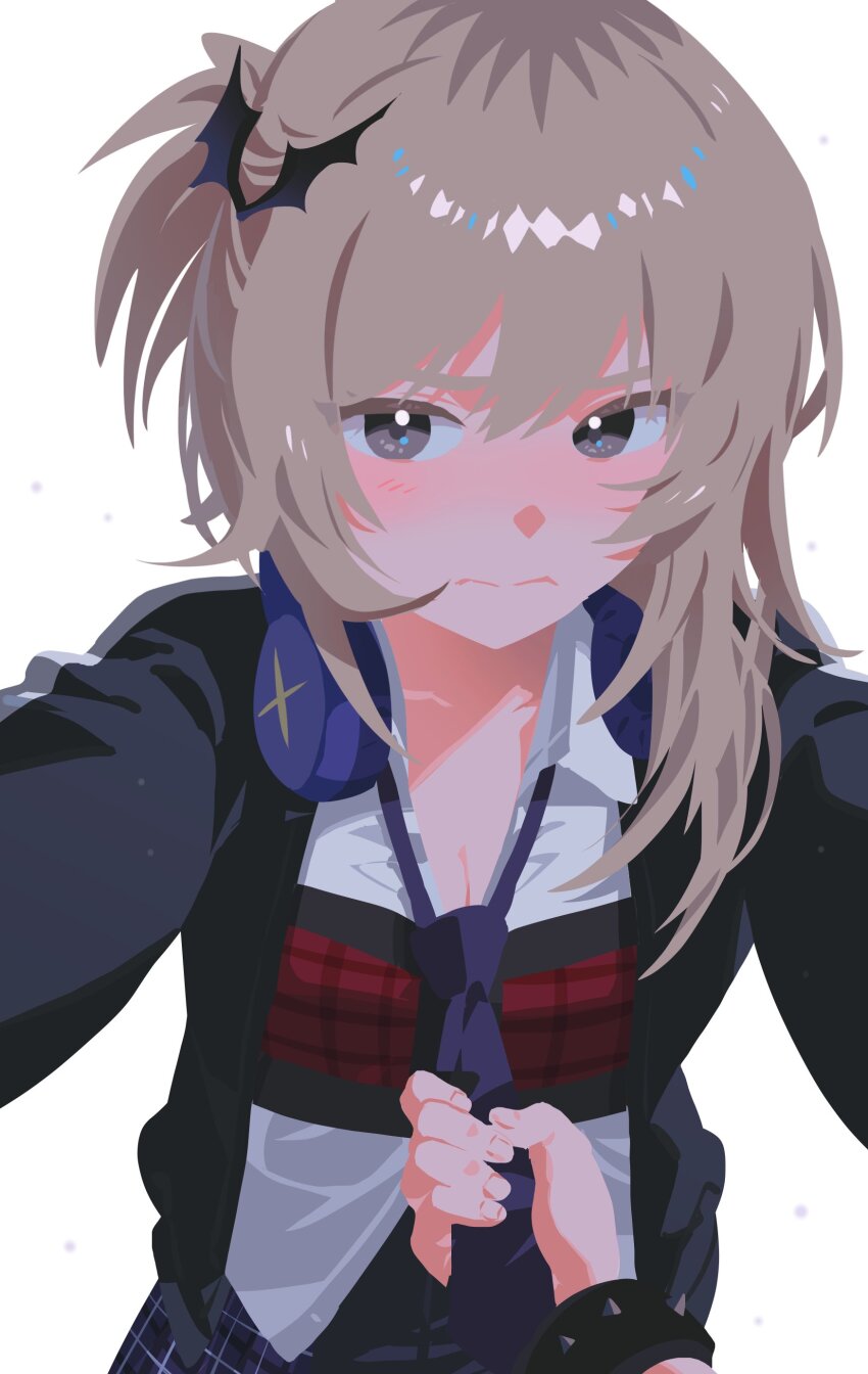 2girls absurdres bat_hair_ornament black_jacket blush breasts cleavage closed_mouth clothes_grab commentary female_pov girls_band_cry grey_eyes grey_hair habsida_(habsida_hpy) hair_ornament hashtag-only_commentary headphones headphones_around_neck highres iseri_nina jacket kawaragi_momoka long_hair looking_at_viewer multicolored_hair multiple_girls necktie necktie_grab neckwear_grab pov roots_(hair) shirt simple_background solo_focus white_background white_shirt yuri