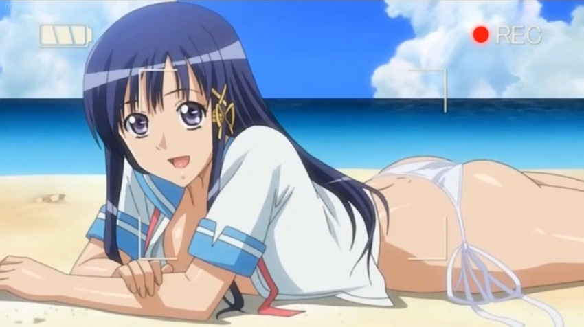 15_bishoujo_hyouryuuki 1girl ass beach blue_hair blue_sky breasts female_focus highres long_hair looking_at_viewer lying medium_breasts model modeling no_bra on_stomach open_clothes open_mouth panties purple_eyes recording sand school_uniform screencap sky smile solo the_pose underwear water white_panties yotsuya_kotoko