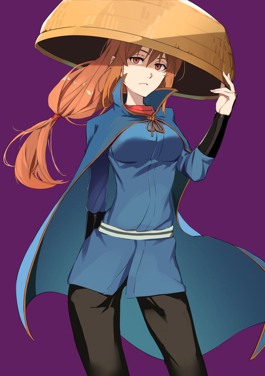 1girl black_pants blue_cape blue_kimono breasts brown_hair brown_ribbon cape closed_mouth floating_hair gintama hair_between_eyes highres ibaraki_shun japanese_clothes kimono large_breasts long_hair long_sleeves looking_at_viewer low-tied_long_hair mutsu_(gintama) pants ponytail purple_background red_eyes ribbon simple_background solo standing very_long_hair