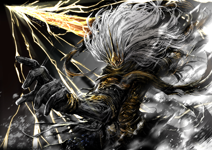 1boy big_hair commentary_request crown dark_souls_(series) dark_souls_iii dtcy electricity greatsword holding holding_sword holding_weapon king_of_the_storm long_hair male_focus nameless_king solo sword weapon white_hair