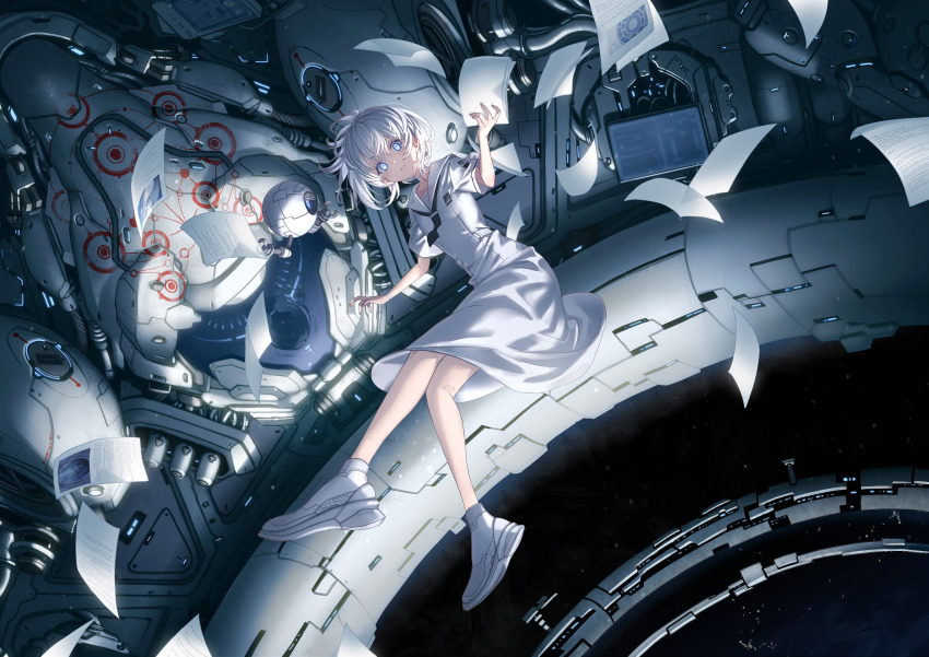 1girl absurdres blue_eyes highres makai_no_juumin original paper robot scenery shirt short_hair skirt solo space space_station white_footwear white_hair white_shirt white_skirt zero_gravity