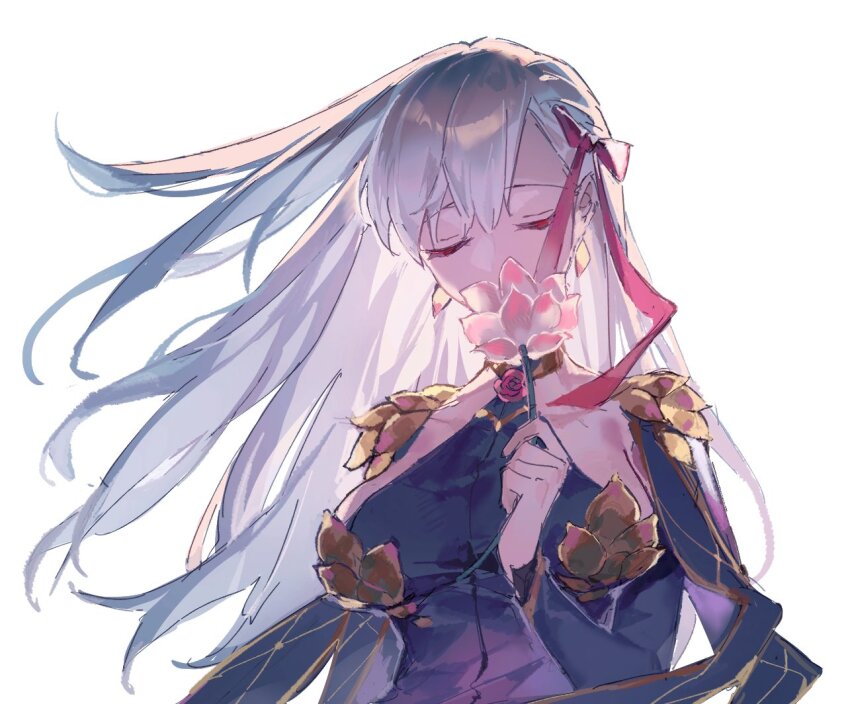 1girl bad_id bad_twitter_id breasts breasts_apart closed_eyes commentary facing_viewer fate/grand_order fate_(series) flower grey_hair hair_ribbon holding holding_flower jnsghsi kama_(assassin)_(second_ascension)_(fate) kama_(fate) kama_(second_ascension)_(fate) kama_(teenager)_(fate) long_hair lotus pink_ribbon ribbon simple_background solo upper_body white_background