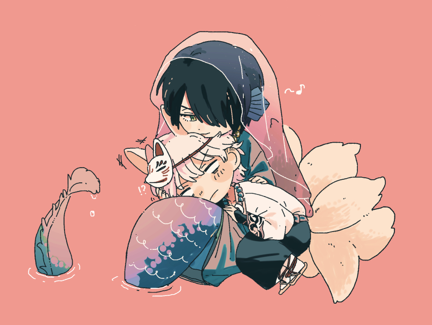 2boys animal_ears arm_guards bead_necklace beads black_hair black_pants blank_eyes brown_sandals closed_mouth eighth_note fins fox_boy fox_ears fox_mask fox_tail gintama green_eyes grey_hair hair_over_one_eye hana_monaka head_fins highres japanese_clothes jewelry kemonomimi_mode kimono male_focus mask mask_on_head merman monster_boy monsterification multiple_boys musical_note necklace pants red_background ripples sakata_gintoki sandals see-through_clothes smile tail takasugi_shinsuke v-shaped_eyebrows veil water white_kimono