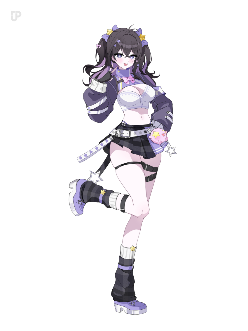 1girl absurdres ahoge belt black_gloves black_hair black_skirt bow bowtie breasts bright_pupils cleavage cleavage_cutout clothing_cutout colored_inner_hair colored_shoe_soles crop_top crossed_bangs fingerless_gloves full_body gloves hair_bow hair_ornament hanavi hand_on_own_hip high_collar highres inward_v large_breasts leg_belt leg_up leg_warmers long_hair long_sleeves looking_at_viewer midriff miniskirt multicolored_hair multiple_thigh_straps navel official_art panty_straps pink_bow pink_bowtie plaid_clothes plaid_leg_warmers plaid_skirt pleated_skirt purple_eyes purple_hair purple_nails purple_shoes purple_skirt second-party_source shoes shrug_(clothing) simple_background skirt smile solo standing standing_on_one_leg star_(symbol) star_hair_ornament strapless thigh_strap tube_top two-tone_skirt two_side_up v virtual_youtuber white_background white_belt white_tube_top yumeno_mirai_(hanavi) zije