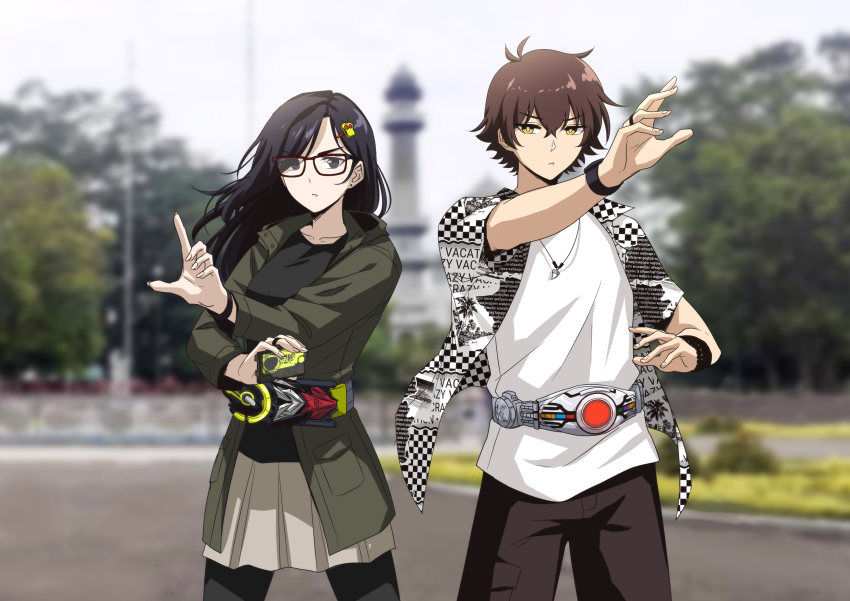 1boy 1girl absurdres arcle_(kuuga) black-framed_eyewear black_eyes black_hair black_shirt blurry blurry_background brown_hair brown_pants brown_skirt collarbone collared_shirt commentary couple english_commentary glasses green_jacket hair_between_eyes hair_ornament hairclip harashu_(harashu96) henshin_pose highres holding hood hood_down hooded_jacket jacket jewelry kamen_rider kamen_rider_01_(series) kamen_rider_kuuga_(series) long_hair long_sleeves looking_at_viewer necklace open_clothes open_jacket open_shirt original outdoors pants pantyhose print_shirt progrise_key rider_belt shirt short_hair short_sleeves skirt standing v-shaped_eyebrows white_shirt yellow_eyes zero_one_driver