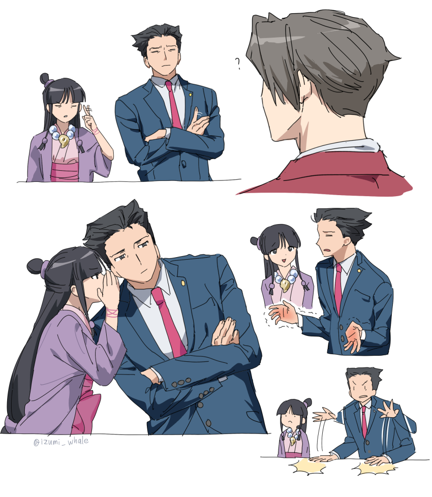 1girl 2boys ace_attorney badge black_eyes black_hair blue_suit blunt_bangs closed_eyes closed_mouth covering_own_mouth desk_slam wagging_finger formal_clothes from_behind grey_hair hair_bun haori highres izumi_whale japanese_clothes jewelry long_hair magatama magatama_necklace maya_fey miles_edgeworth multiple_boys multiple_views necklace necktie phoenix_wright pink_necktie pose_imitation purple_haori red_suit short_hair single_hair_bun suit trembling twitter_username whispering white_background