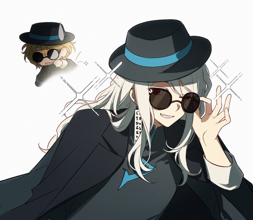 1boy 1girl black_coat black_dress black_hat coat coat_on_shoulders don_quixote_(project_moon) dress earrings cinq_east_(identity)_(project_moon) fedora grin hat highres jewelry kamisiro_sora la_manchaland&#039;s_don_quixote_(project_moon) lapels limbus_company long_hair long_sleeves looking_at_viewer notched_lapels ofuda_earrings one_eye_closed project_moon red_eyes sancho_(project_moon) sidelocks simple_background smile sparkle white_background white_hair