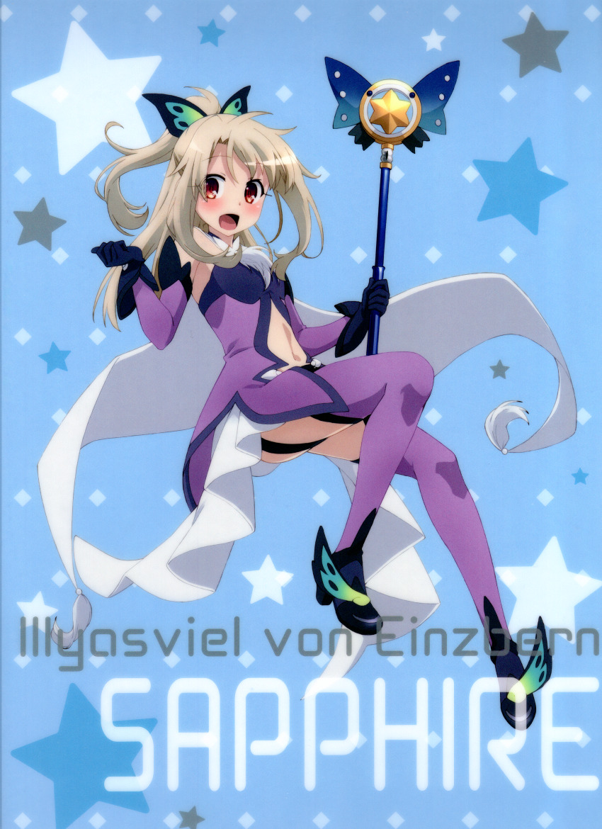 absurdres blonde_hair breasts cape clear_file_(medium) clothing_cutout detached_sleeves english_text fate/kaleid_liner_prisma_illya fate_(series) high_heels highres magical_sapphire navel navel_cutout non-web_source official_alternate_costume official_alternate_hairstyle official_art ponytail prisma_illya_(sapphire_version) scan sleeveless small_breasts thighhighs underbutt wand