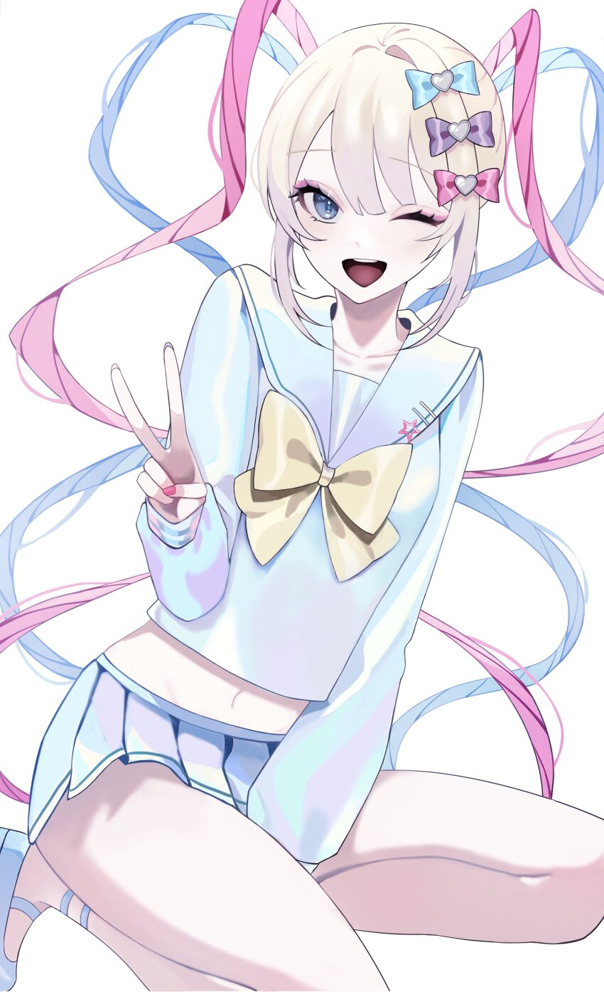 1girl absurdres blonde_hair blue_bow blue_eyes blue_hair blue_serafuku blue_shirt blue_shoes blue_skirt bow chouzetsusaikawa_tenshi-chan hair_bow hair_ornament heart heart_hair_ornament highres long_hair long_sleeves looking_at_viewer miniskirt multicolored_hair multiple_hair_bows nail_polish navel navy_bean_(water1402) needy_girl_overdose one_eye_closed open_mouth pink_bow pink_hair pink_nails pleated_skirt purple_bow quad_tails sailor_collar school_uniform serafuku shirt shoes simple_background skirt solo star_(symbol) teeth twintails upper_teeth_only v very_long_hair white_background