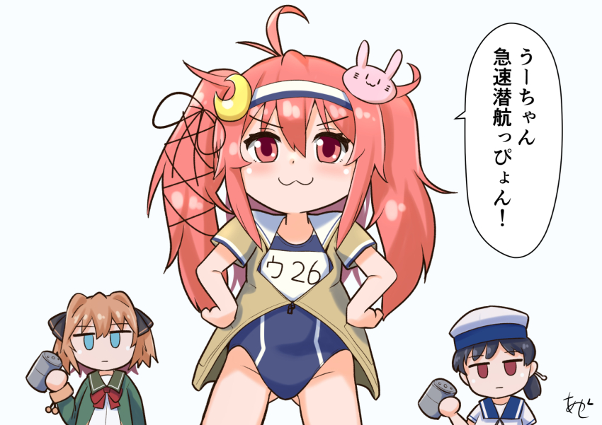 3girls :3 ahoge akashieru alternate_hairstyle brown_jacket commentary_request cosplay crescent crescent_hair_ornament depth_charge hachijou_(kancolle) hair_ornament hairband hiburi_(kancolle) i-26_(kancolle) i-26_(kancolle)_(cosplay) jacket kantai_collection multiple_girls name_tag new_school_swimsuit one-hour_drawing_challenge pink_hair rabbit_hair_ornament red_eyes sailor_collar school_swimsuit simple_background swimsuit swimsuit_under_clothes translation_request two-tone_hairband two_side_up uzuki_(kancolle) white_background white_sailor_collar