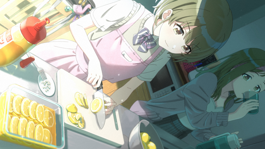 2girls apron bow bowtie brown_eyes brown_sweater_vest cardigan cooking cup cutting cutting_board drinking dutch_angle food fruit green_hair grey_cardigan hairband highres holding holding_cup holding_knife honey idolmaster idolmaster_shiny_colors kitchen kitchen_knife knife lemon lemon_slice long_hair multiple_girls nanakusa_hazuki nanakusa_nichika open_cardigan open_clothes pink_apron shirt short_hair short_sleeves sidelighting sweater_vest takada_(pixiv_97599311) white_shirt