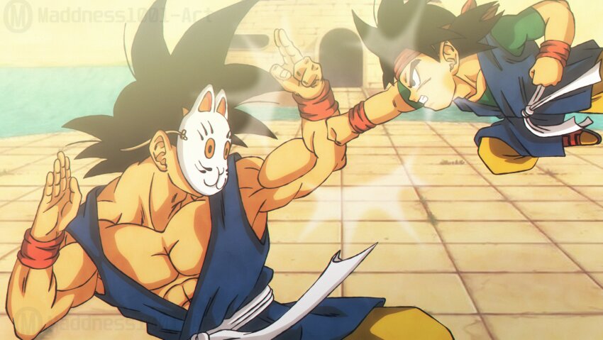 2boys absurdres black_eyes black_hair dougi dragon_ball dragon_ball_gt fighting_stance headband highres maddnessart male_focus mask multiple_boys muscular muscular_male open_mouth pants pectorals rabbit_mask red_headband shirt son_goku son_goku_jr. spiked_hair teeth wristband