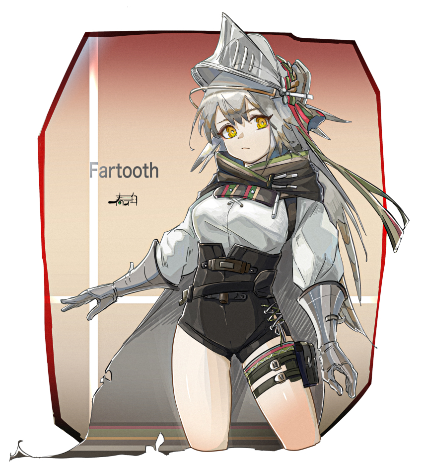 1girl absurdres arknights armor black_shorts border brown_cape cape character_name closed_mouth cowboy_shot cropped_legs expressionless fartooth_(arknights) gauntlets grey_hair hair_ornament harukan_tiusu high-waist_shorts high_collar highres long_hair long_sleeves looking_at_viewer puffy_long_sleeves puffy_sleeves shorts signature solo standing sweater underbust visor_(armor) white_border white_sweater yellow_eyes