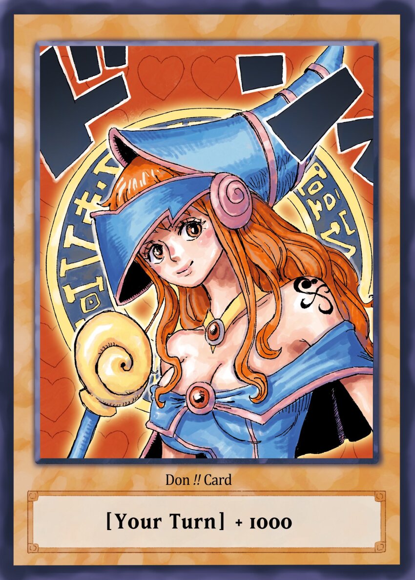 alternate_costume bare_shoulders blue_dress blue_hat breasts brooch brown_eyes cleavage cosplay dark_magician_girl dark_magician_girl_(cosplay) dress eiichiroyoda fake_trading_card gem hat highres holding holding_wand jewelry large_breasts long_hair looking_at_viewer nami_(one_piece) necklace oda_eiichirou_(style) off-shoulder_dress off_shoulder official_style one_piece orange_hair phrygian_helmet red_gemstone second-party_source shoulder_tattoo smile sound_effects tattoo wand wizard_hat yu-gi-oh!