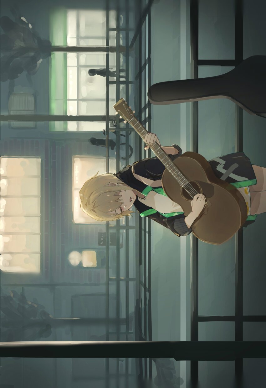 absurdres black_jacket blonde_hair busking closed_eyes guratanchikin hair_over_one_eye heaven_burns_red highres holding holding_instrument instrument jacket kayamori_ruka music one_eye_covered road shirt singing solo_focus street white_shirt